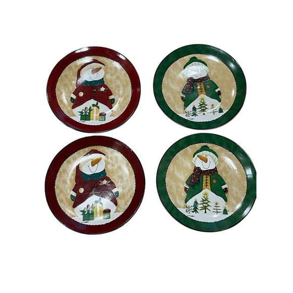 LRI Holiday Ceramic Plate Set Of 4 Snowman Lisa Kennedy Holiday Winter Christmas - Picture 1 of 7